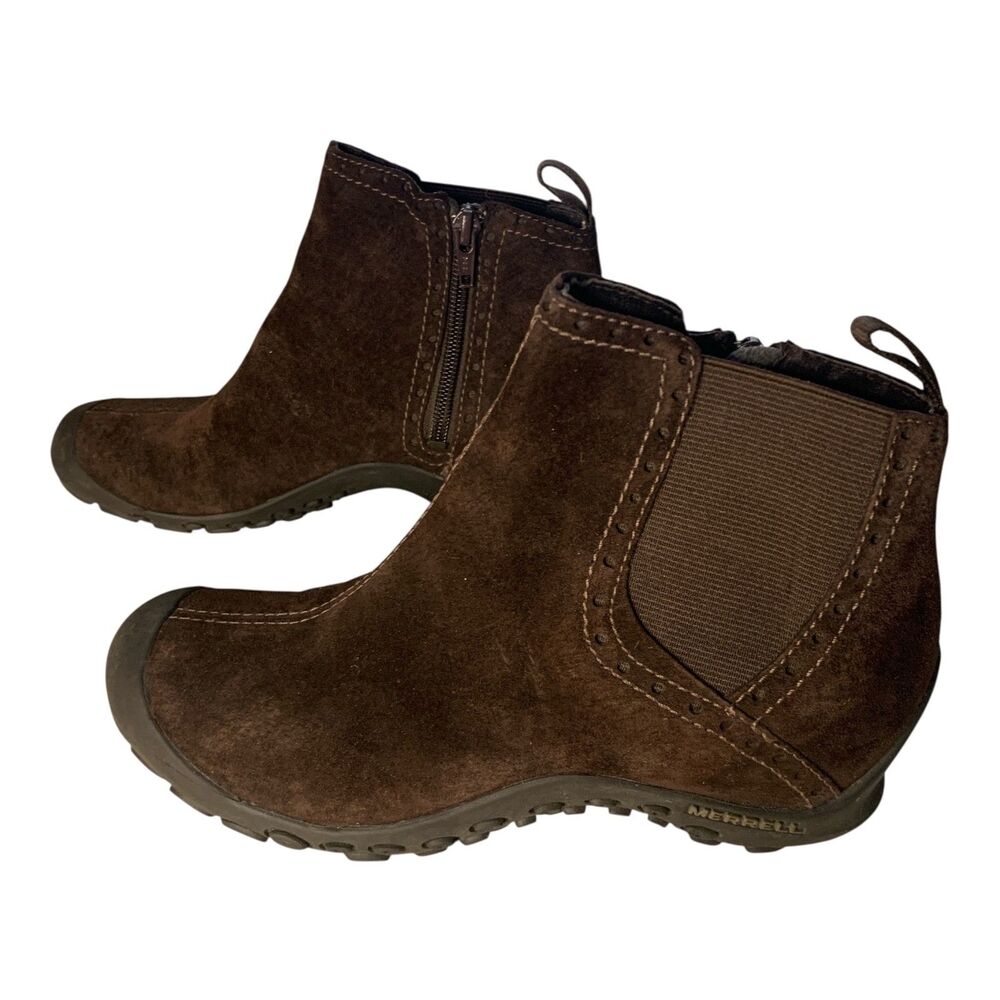 Women's Merrell Brown Suede Ankle Boots SZ 6 Career Comfy Rugged Outdoor Zip Up